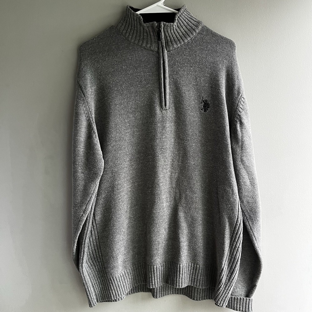 Mens Polo Long Sleeve Pull Over 1/4 Zip Sweater Gray Size Large Academia